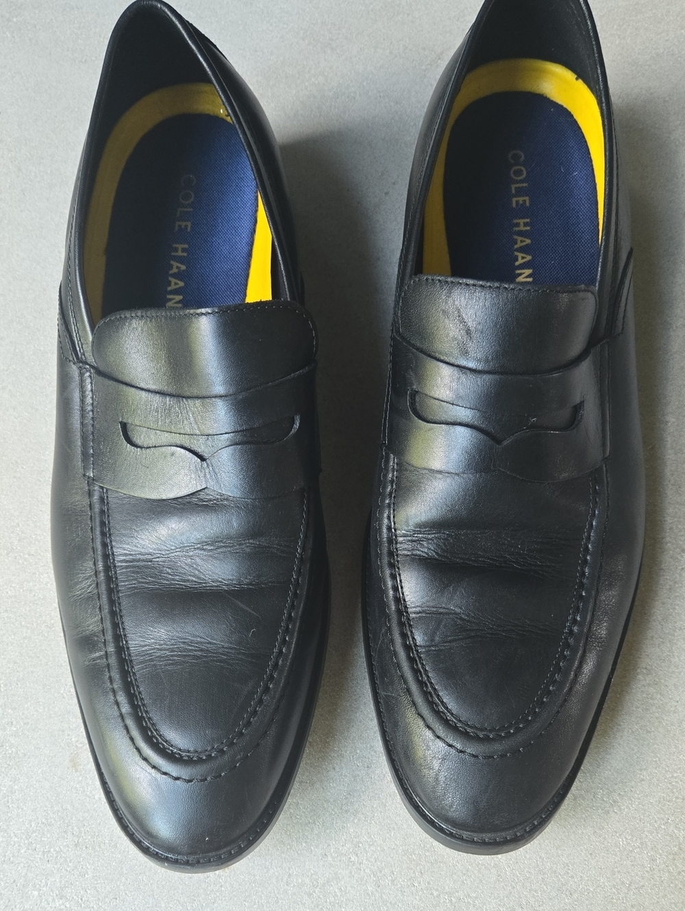Cole Haan Black Leather Penny Loafers with Yellow & Blue Comfort Insoles 11.5 M